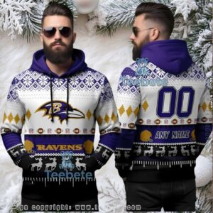 Baltimore Ravens Custom Name Number Ugly 3D Hoodie Holiday Pattern Baltimore Ravens Custom Name Number Ugly 3D Hoodie Holiday Pattern