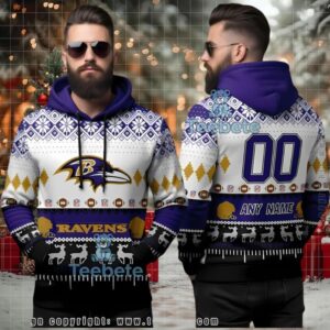 Baltimore Ravens Custom Name Number Ugly 3D Hoodie Holiday Pattern
