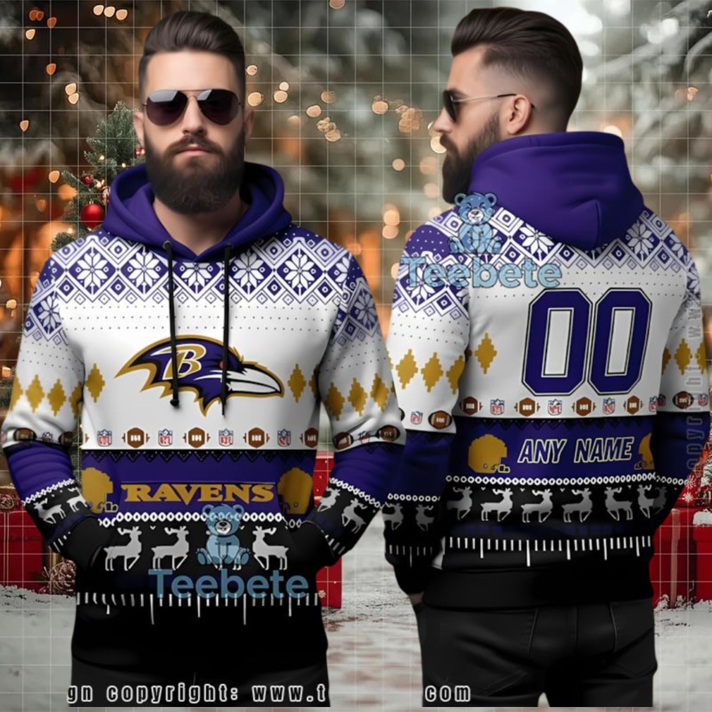 Baltimore Ravens Custom Name Number Ugly 3D Hoodie Holiday Pattern Baltimore Ravens Custom Name Number Ugly 3D Hoodie Holiday Pattern