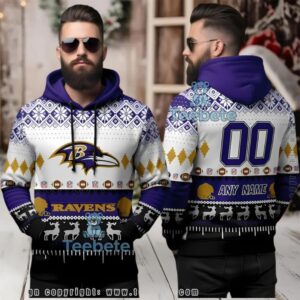 Baltimore Ravens Custom Name Number Ugly 3D Hoodie Holiday Pattern