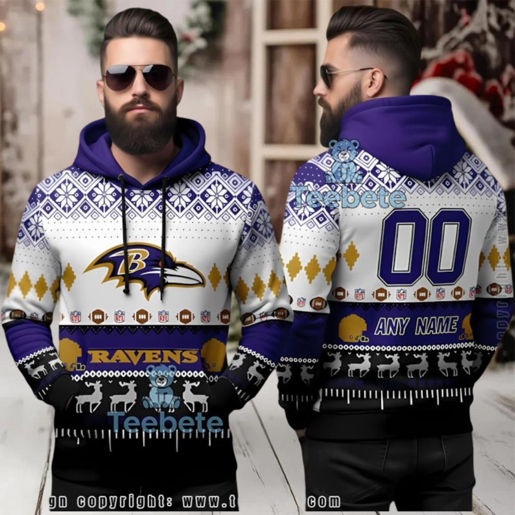 Baltimore Ravens Custom Name Number Ugly 3D Hoodie Holiday Pattern Baltimore Ravens Custom Name Number Ugly 3D Hoodie Holiday Pattern
