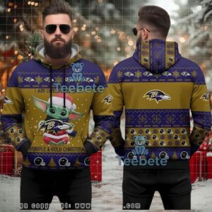 Baltimore Ravens Grogu Ugly Christmas 3D Hoodie Purple Gold