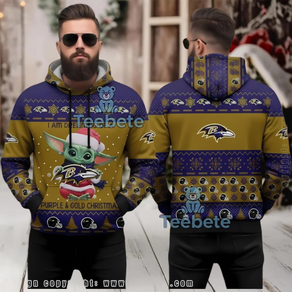 Baltimore Ravens Grogu Ugly Christmas 3D Hoodie Purple Gold Baltimore Ravens Grogu Ugly Christmas 3D Hoodie Purple Gold