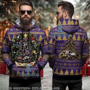Baltimore Ravens Holiday Wreath Ugly 3D Hoodie Christmas Tree Pattern