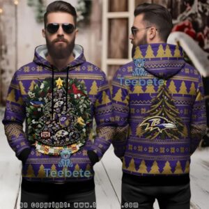 Baltimore Ravens Holiday Wreath Ugly 3D Hoodie Christmas Tree Pattern