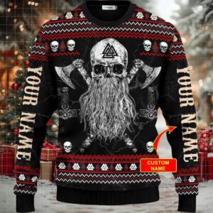 Beard Skull Sons Of Odin Valhalla Custom Name Viking Ugly Christmas Sweater Beard Skull Sons Of Odin Valhalla Custom Name Viking Ugly Christmas Sweater