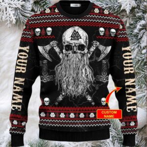 Beard Skull Sons Of Odin Valhalla Custom Name Viking Ugly Christmas Sweater