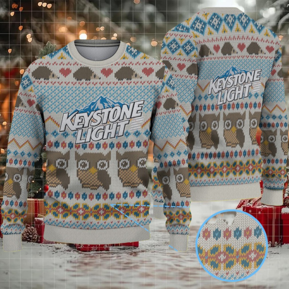 Beige Blue and Brown Owl Pattern Keystone Light Ugly Christmas Sweater