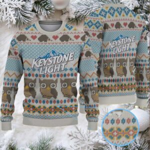Beige Blue and Brown Owl Pattern Keystone Light Ugly Christmas Sweater