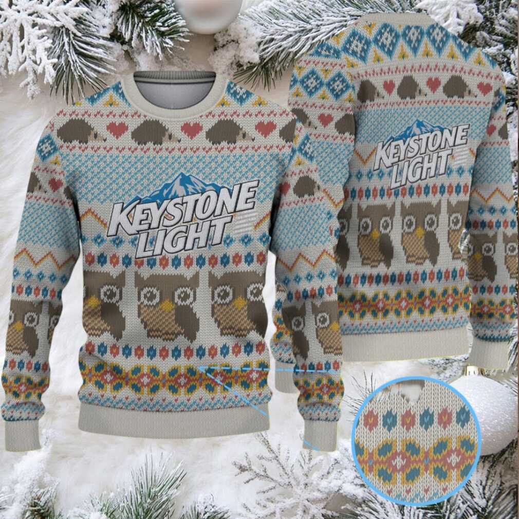 Beige Blue and Brown Owl Pattern Keystone Light Ugly Christmas Sweater