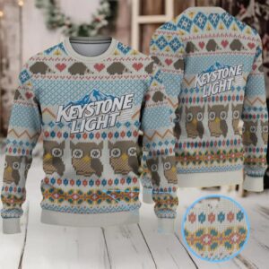 Beige Blue and Brown Owl Pattern Keystone Light Ugly Christmas Sweater