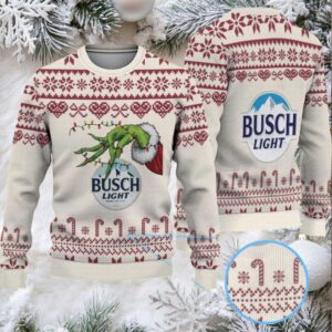 Beige & Burgundy Candy Cane Pattern “Busch Light Grinch Hand” Ugly Christmas Sweater