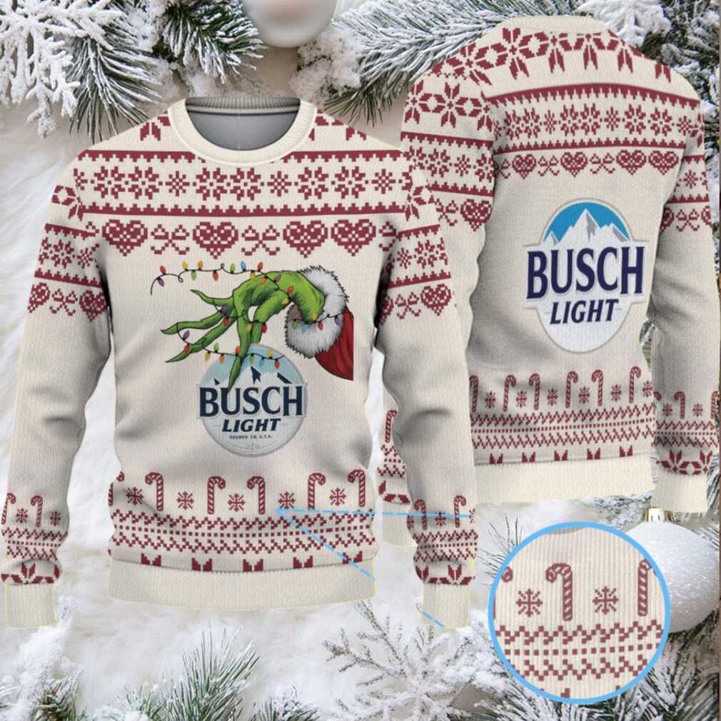 Beige & Burgundy Candy Cane Pattern “Busch Light Grinch Hand” Ugly Christmas Sweater