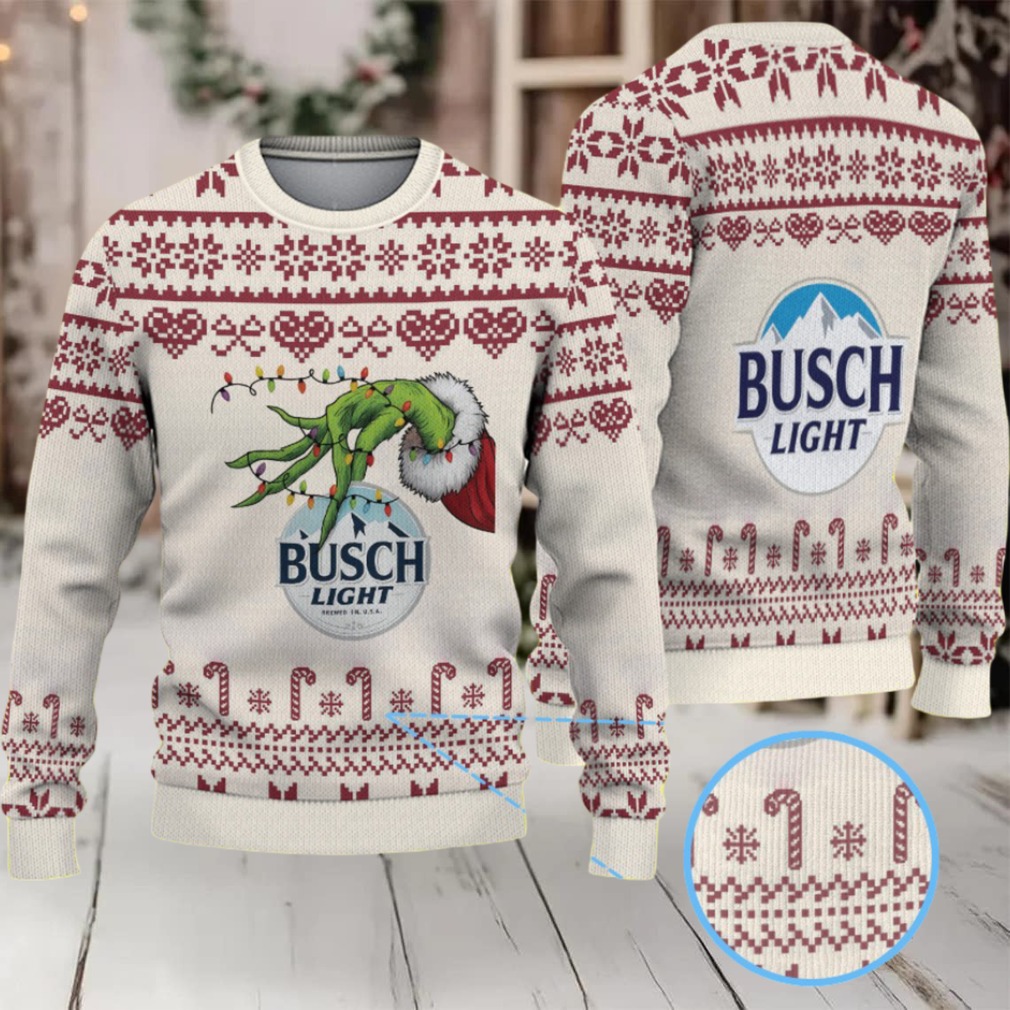 Beige & Burgundy Candy Cane Pattern “Busch Light Grinch Hand” Ugly Christmas Sweater