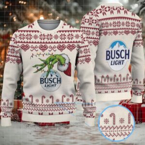 Beige & Burgundy Candy Cane Pattern “Busch Light Grinch Hand” Ugly Christmas Sweater