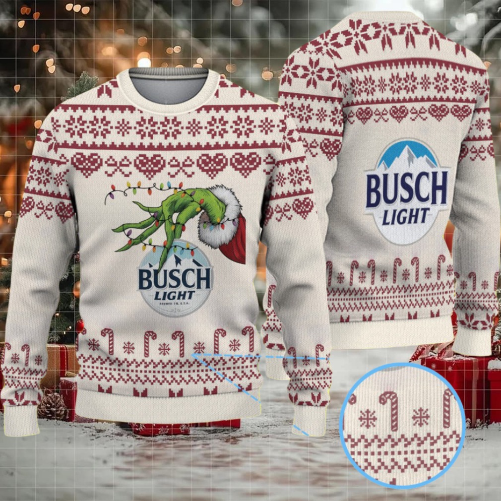 Beige & Burgundy Candy Cane Pattern “Busch Light Grinch Hand” Ugly Christmas Sweater Beige & Burgundy Candy Cane Pattern “Busch Light Grinch Hand” Ugly Christmas Sweater