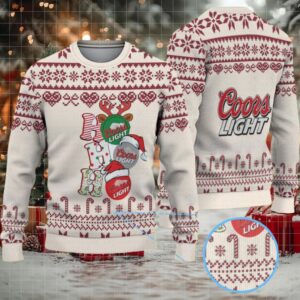 Beige & Burgundy Snowflake Pattern “Stacked Christmas Gifts” Coors Light Ugly Christmas Sweater