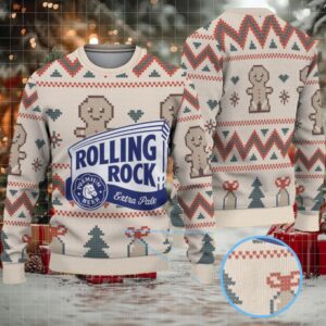 Beige Gingerbread and Zigzag Pattern Rolling Rock Ugly Christmas Sweater