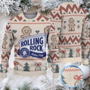 Beige Gingerbread and Zigzag Pattern Rolling Rock Ugly Christmas Sweater