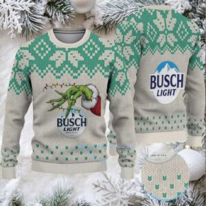 Beige & Green Snowflake Pattern “Busch Light Grinch Hand” Ugly Christmas Sweater Beige & Green Snowflake Pattern “Busch Light Grinch Hand” Ugly Christmas Sweater