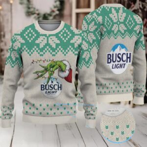 Beige & Green Snowflake Pattern “Busch Light Grinch Hand” Ugly Christmas Sweater