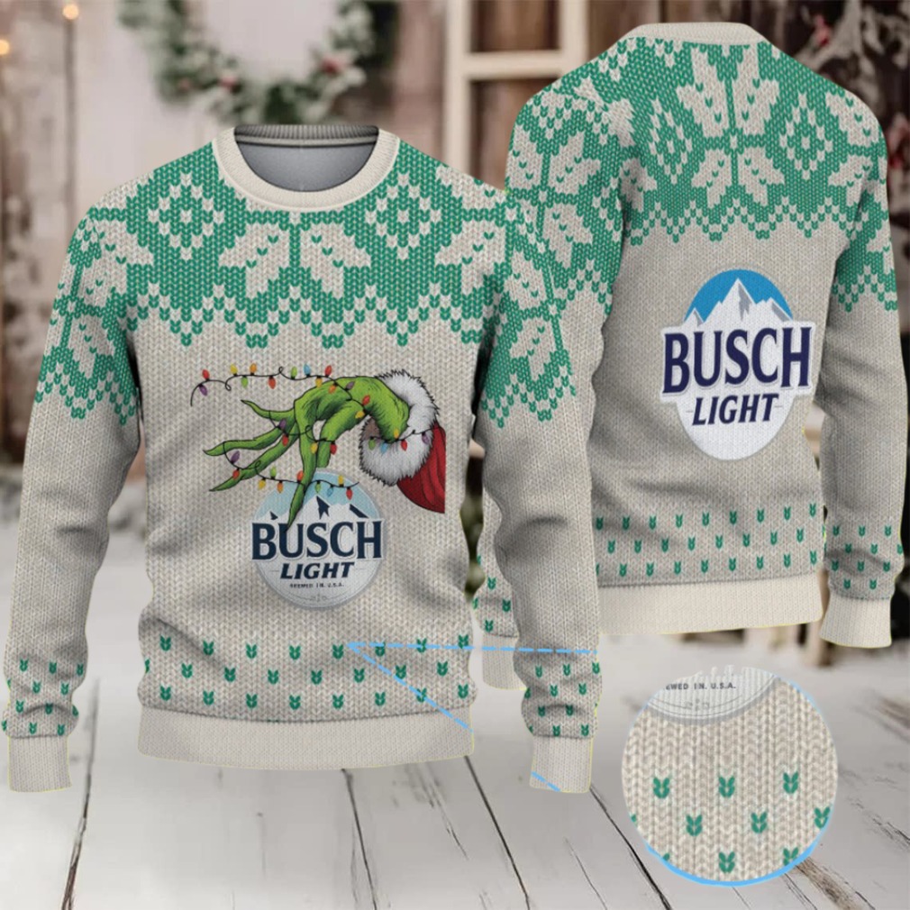 Beige & Green Snowflake Pattern “Busch Light Grinch Hand” Ugly Christmas Sweater Beige & Green Snowflake Pattern “Busch Light Grinch Hand” Ugly Christmas Sweater