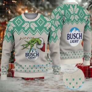 Beige & Green Snowflake Pattern “Busch Light Grinch Hand” Ugly Christmas Sweater