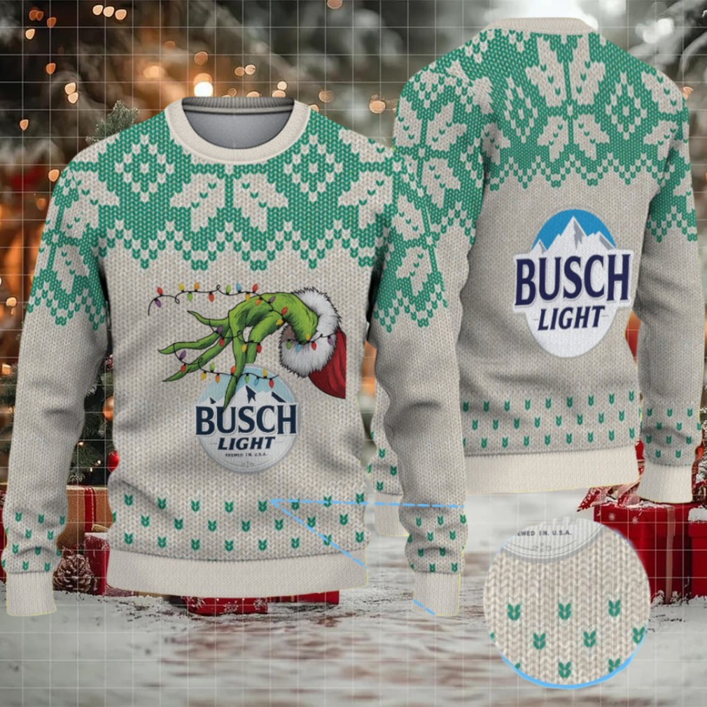 Beige & Green Snowflake Pattern “Busch Light Grinch Hand” Ugly Christmas Sweater Beige & Green Snowflake Pattern “Busch Light Grinch Hand” Ugly Christmas Sweater