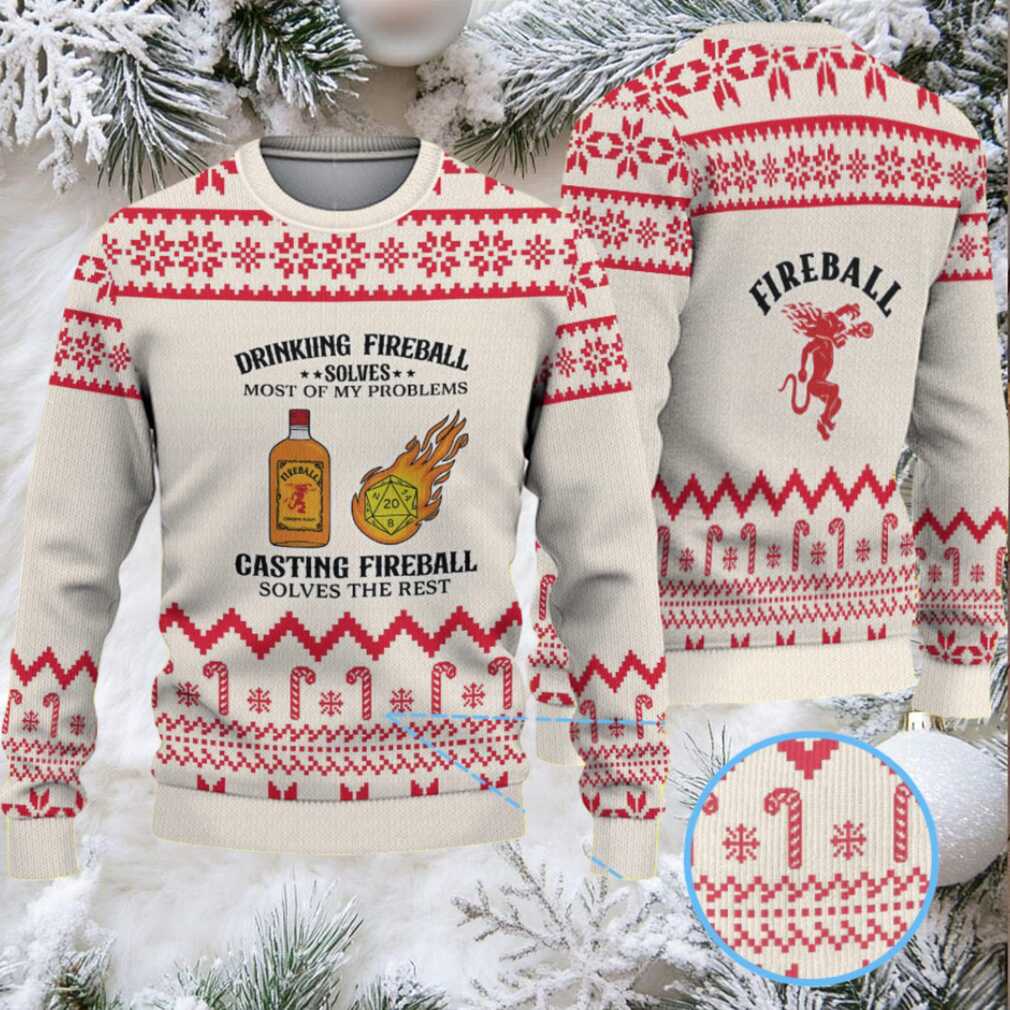 Beige & Red Candy Cane Pattern “Drinking and Casting Fireball” Ugly Christmas Sweater – Fireball Cinnamon Whisky Edition Beige & Red Candy Cane Pattern “Drinking and Casting Fireball” Ugly Christmas Sweater – Fireball Cinnamon Whisky Edition