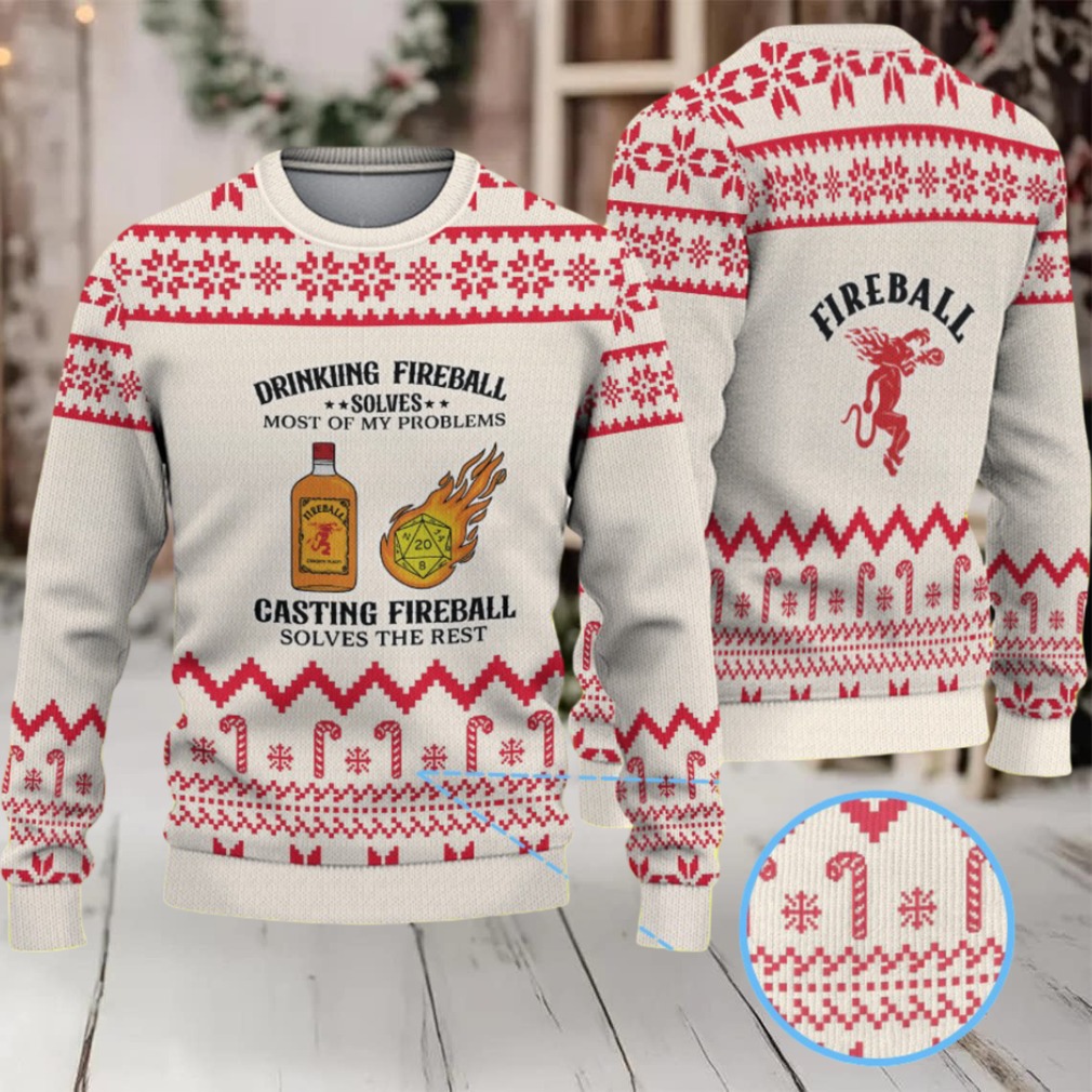 Beige & Red Candy Cane Pattern “Drinking and Casting Fireball” Ugly Christmas Sweater – Fireball Cinnamon Whisky Edition Beige & Red Candy Cane Pattern “Drinking and Casting Fireball” Ugly Christmas Sweater – Fireball Cinnamon Whisky Edition
