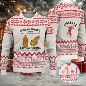 Beige & Red Candy Cane Pattern “Drinking and Casting Fireball” Ugly Christmas Sweater – Fireball Cinnamon Whisky Edition
