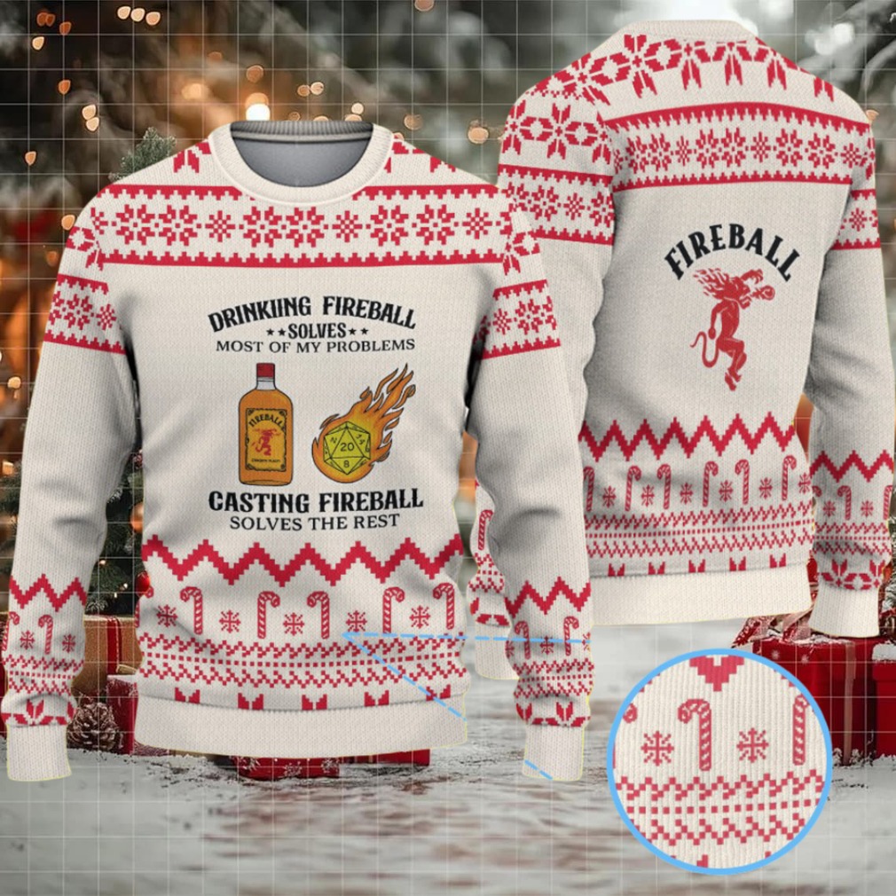 Beige & Red Candy Cane Pattern “Drinking and Casting Fireball” Ugly Christmas Sweater – Fireball Cinnamon Whisky Edition Beige & Red Candy Cane Pattern “Drinking and Casting Fireball” Ugly Christmas Sweater – Fireball Cinnamon Whisky Edition