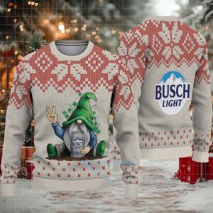 Beige & Red Snowflake Pattern “Busch Light Drunk Gnome” Ugly Christmas Sweater