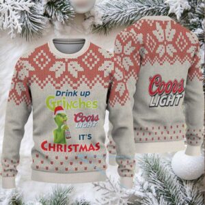 Beige & Red Snowflake Pattern “Drink Up Grinches – It’s Christmas” Coors Light Ugly Christmas Sweater
