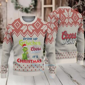Beige & Red Snowflake Pattern “Drink Up Grinches – It’s Christmas” Coors Light Ugly Christmas Sweater