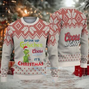 Beige & Red Snowflake Pattern “Drink Up Grinches – It’s Christmas” Coors Light Ugly Christmas Sweater
