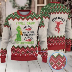 Beige & Red Zigzag Pattern “Fireball Cinnamon Whisky & Grinch” Ugly Christmas Sweater