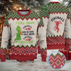 Beige & Red Zigzag Pattern “Fireball Cinnamon Whisky & Grinch” Ugly Christmas Sweater