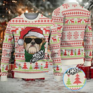 Beige Red and Green Bulldog Merry Christmas Keystone Light Ugly Sweater