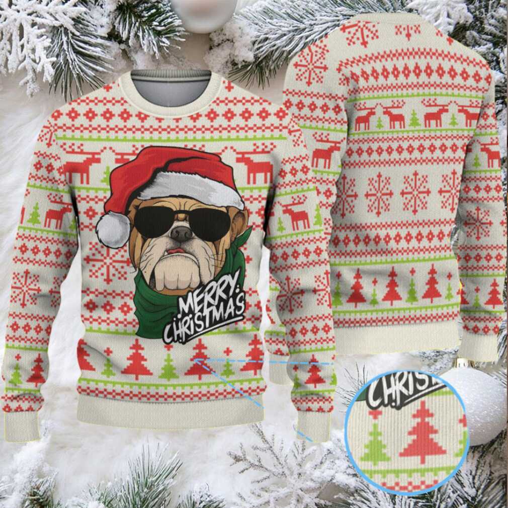 Beige Red and Green Bulldog Merry Christmas Keystone Light Ugly Sweater Beige Red and Green Bulldog Merry Christmas Keystone Light Ugly Sweater