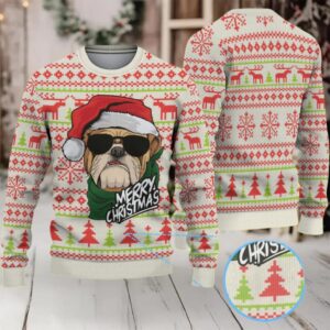 Beige Red and Green Bulldog Merry Christmas Keystone Light Ugly Sweater