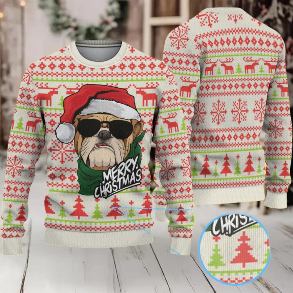 Beige Red and Green Bulldog Merry Christmas Keystone Light Ugly Sweater Beige Red and Green Bulldog Merry Christmas Keystone Light Ugly Sweater