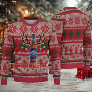 Beige Red and Green Diamond Pattern Keystone Light Reinbeer Ugly Christmas Sweater