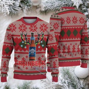 Beige Red and Green Diamond Pattern Keystone Light Reinbeer Ugly Christmas Sweater