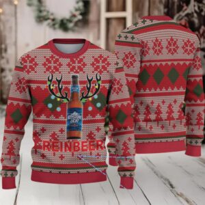 Beige Red and Green Diamond Pattern Keystone Light Reinbeer Ugly Christmas Sweater