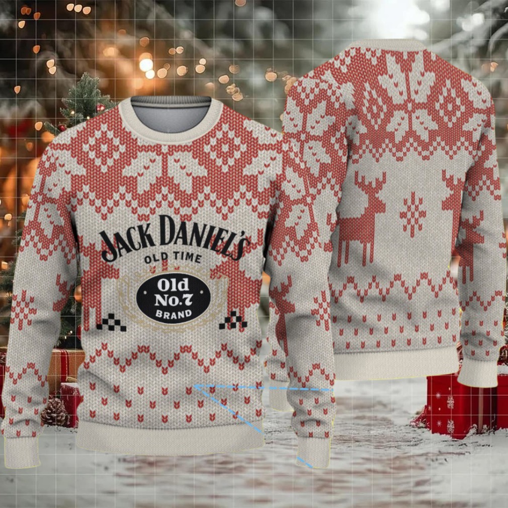 Beige and Red Fair Isle Ugly Christmas Sweater Jack Daniel’s Old No. 7 Logo with Reindeer Pattern