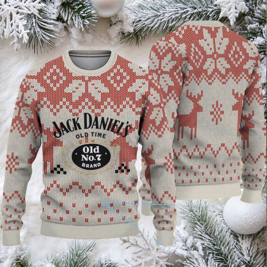 Beige and Red Fair Isle Ugly Christmas Sweater Jack Daniel’s Old No. 7 Logo with Reindeer Pattern