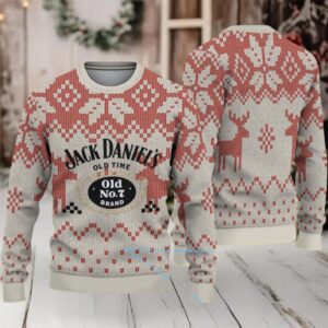 Beige and Red Fair Isle Ugly Christmas Sweater Jack Daniel’s Old No. 7 Logo with Reindeer Pattern