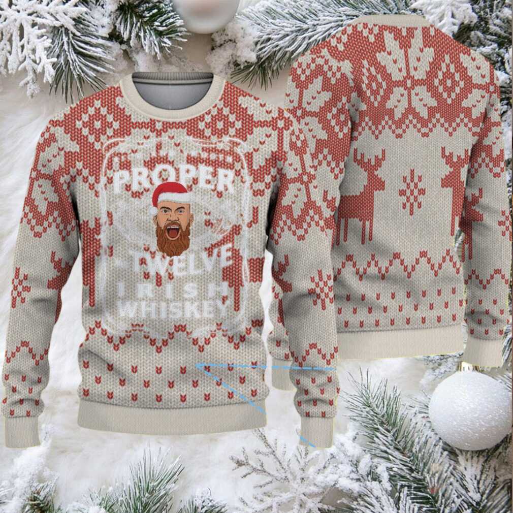 Beige and Red Reindeer Snowflake Pattern “Proper Twelve Irish Whiskey” Ugly Christmas Sweater