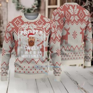 Beige and Red Reindeer Snowflake Pattern “Proper Twelve Irish Whiskey” Ugly Christmas Sweater